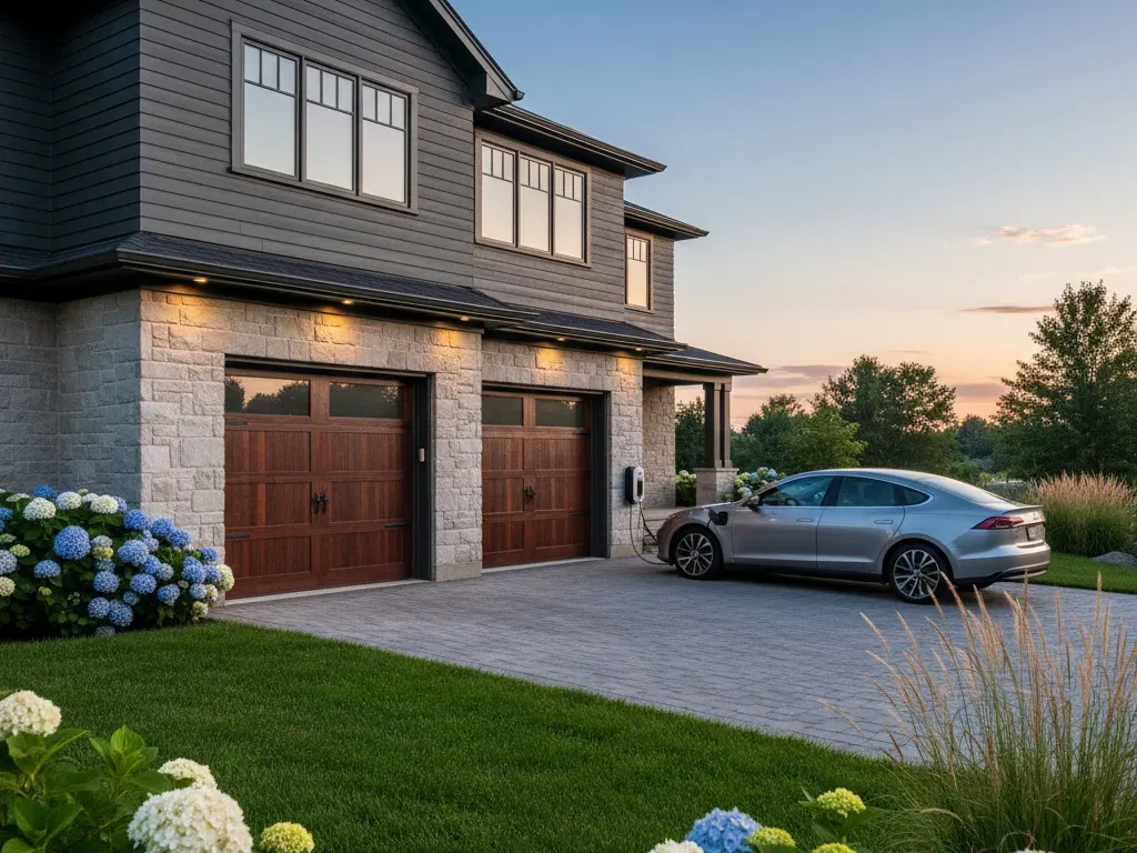 Modern home exterior at dusk with a residential garage door
