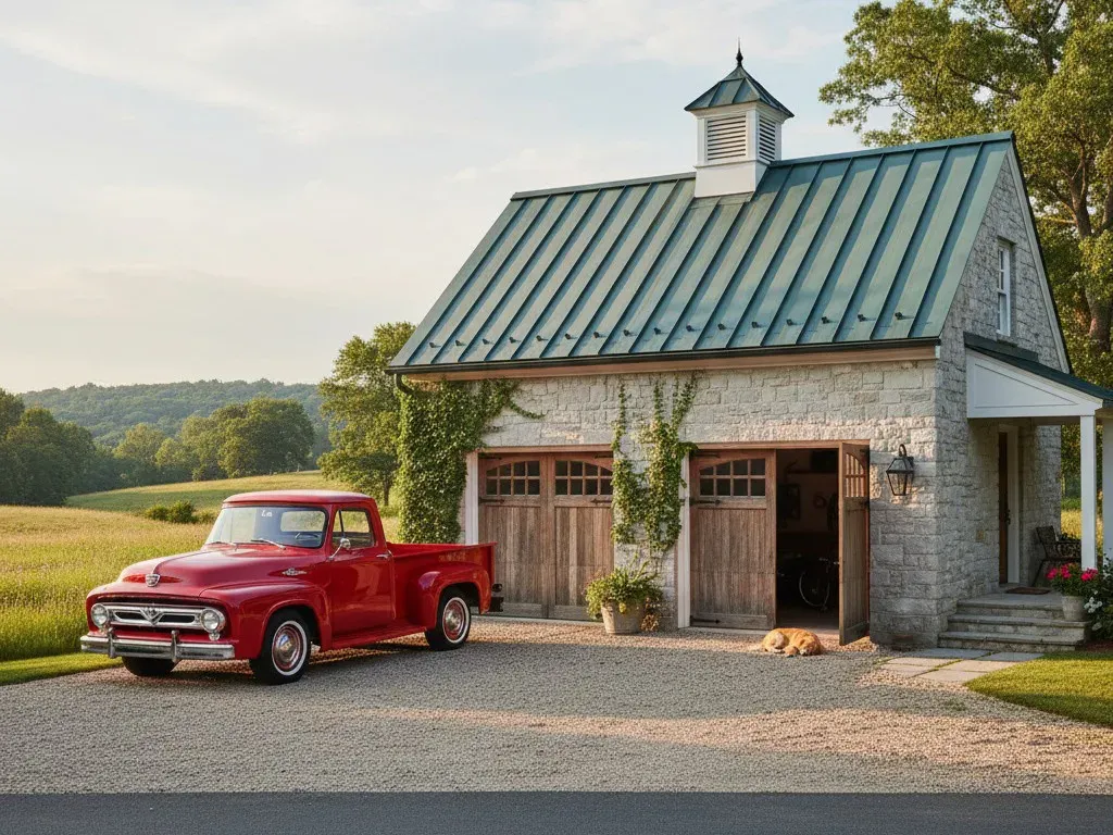 Rural home exterior with a garage and driveway
