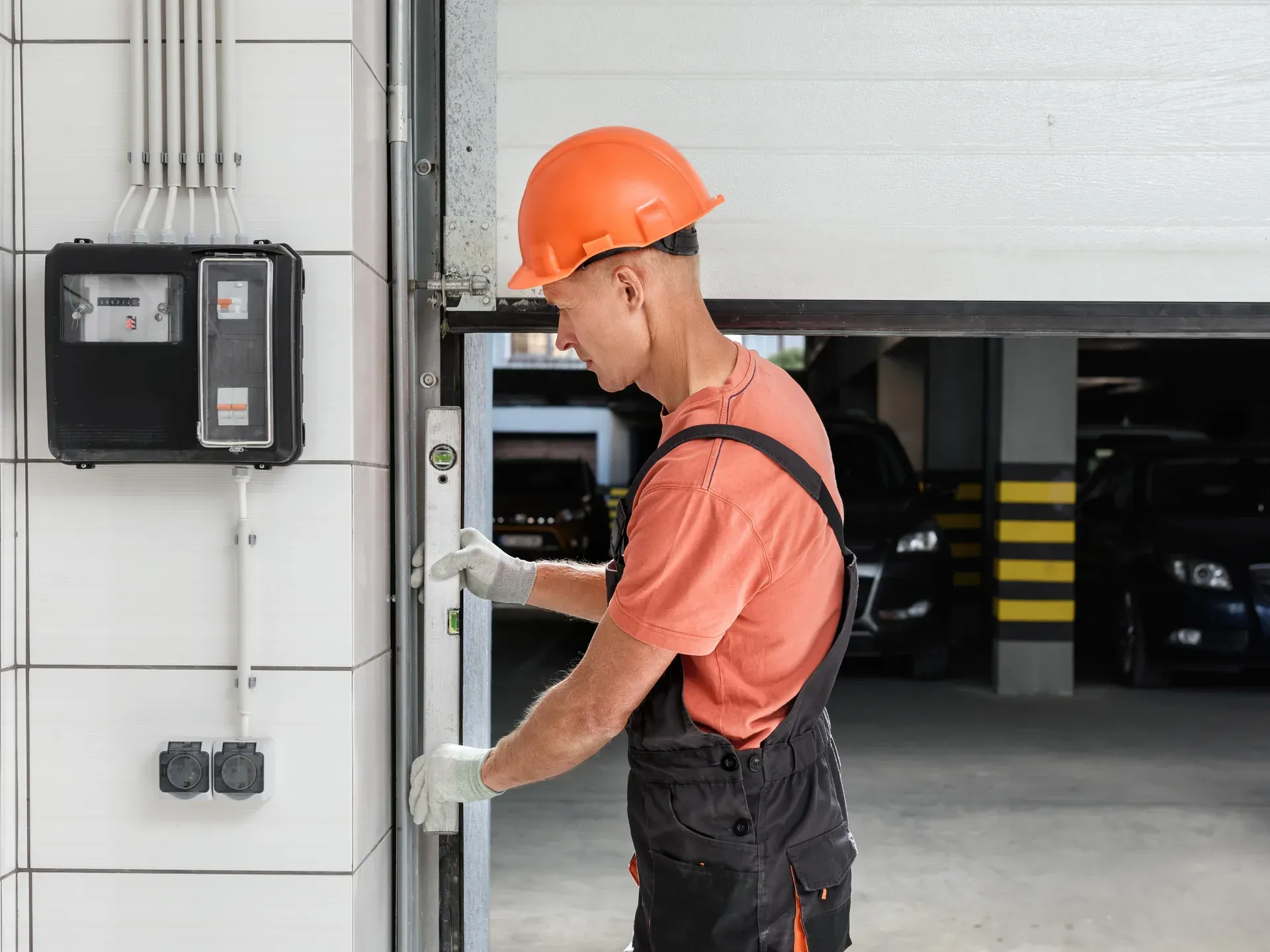 Technician standing near a garage door exterior