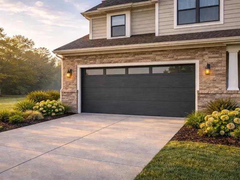 Modern charcoal garage door on a residential home