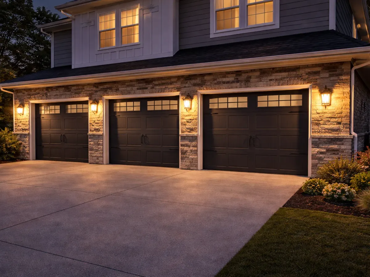 Modern home exterior at night with a closed garage door
