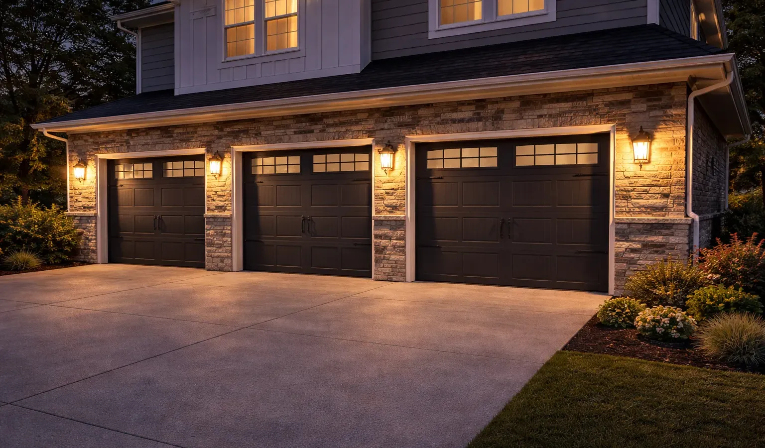 Modern home exterior at dusk with a residential garage door