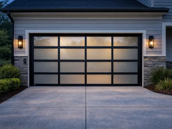 Modern aluminum frame garage door with glass panels