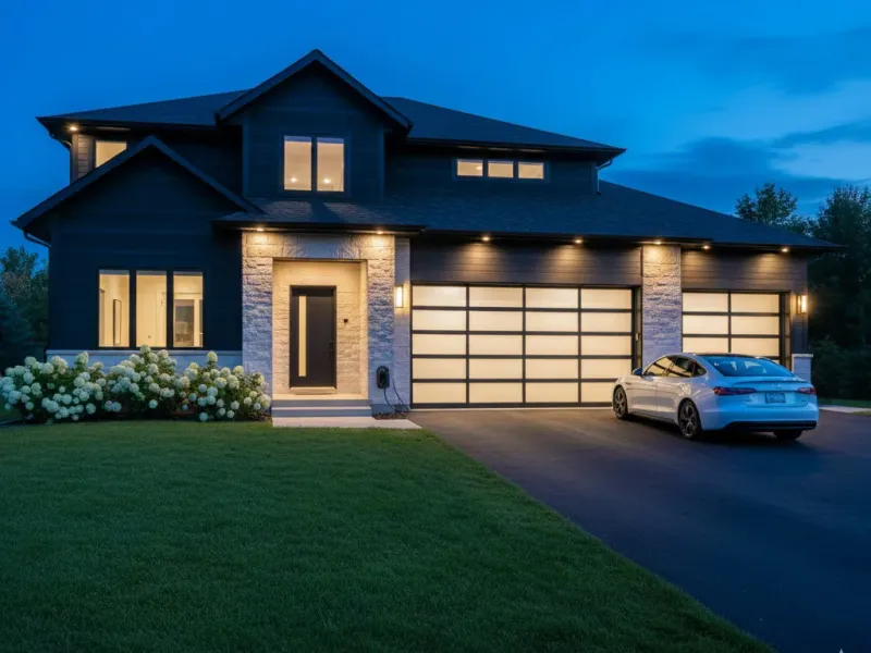 Modern home with smart garage door at night