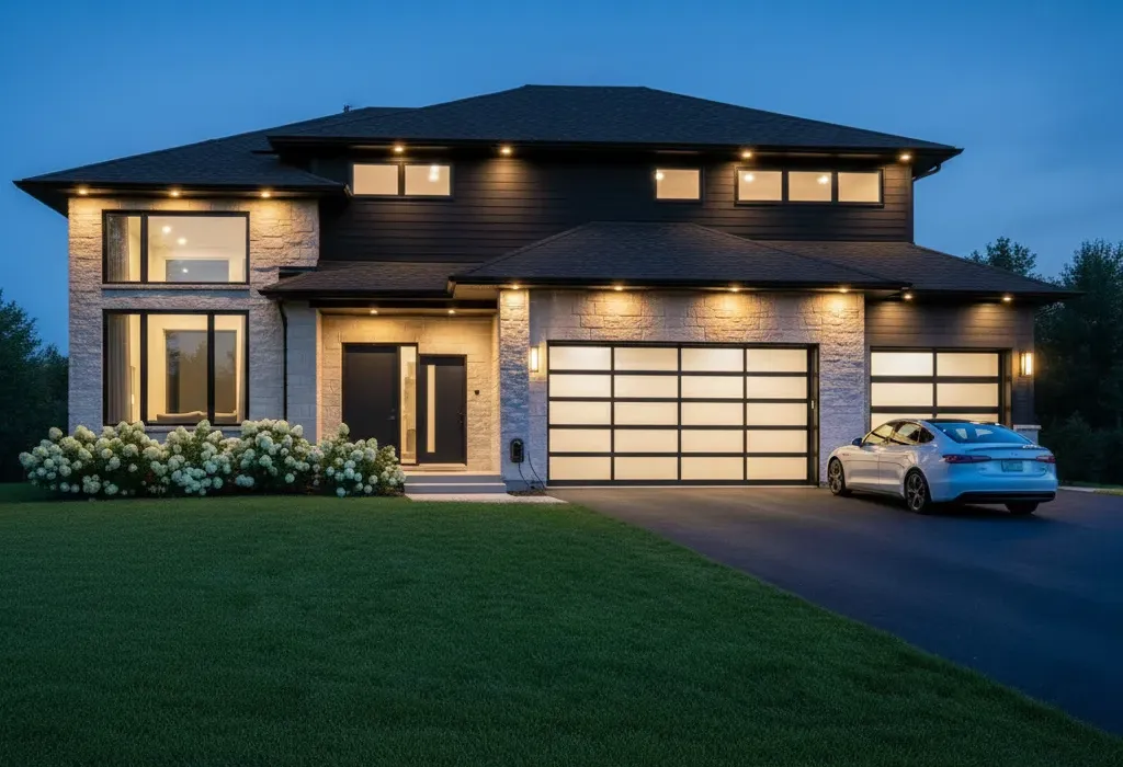 Residential garage door exterior at night