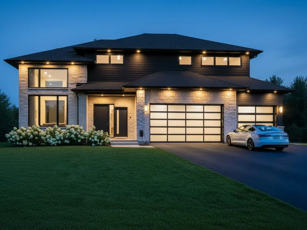 Home exterior at dusk with a closed garage door