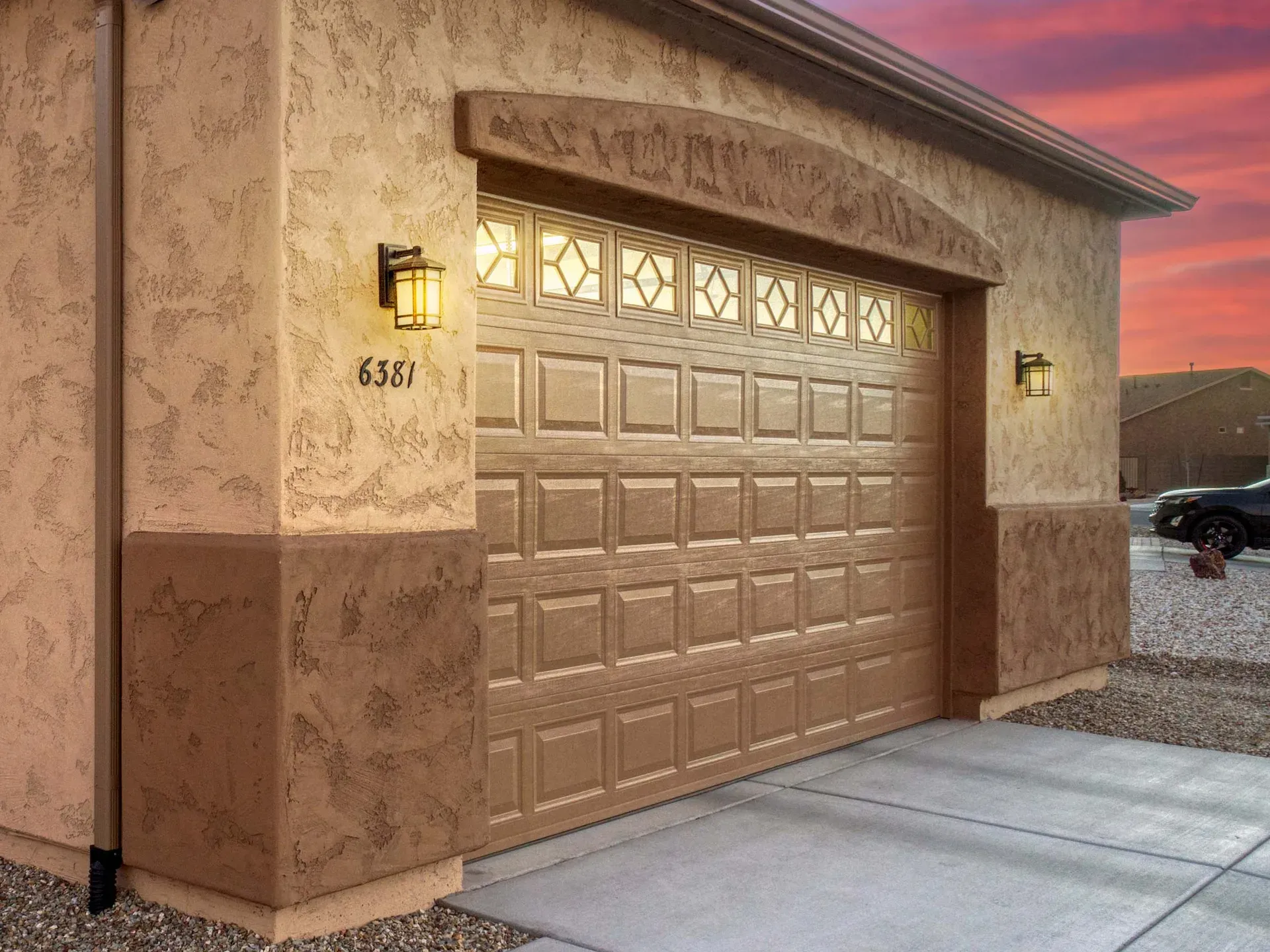 Garage door on the exterior wall of a home